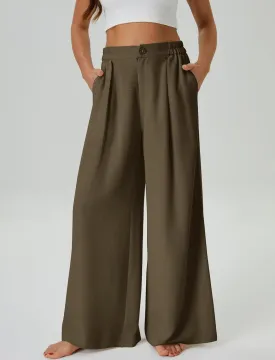 Womens Casual Linen High Waist Wide Leg Pants Palazzo Boho Flowy Beach Vacation Lounge Trousers with Pockets
