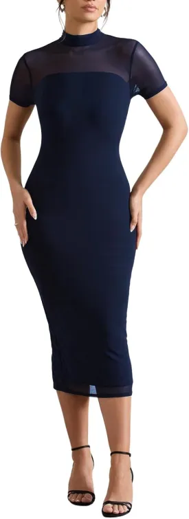 Women's Casual Mesh Short Sleeve Bodycon Mock Neck Keyhole Back Slim Club Party Midi Dresses