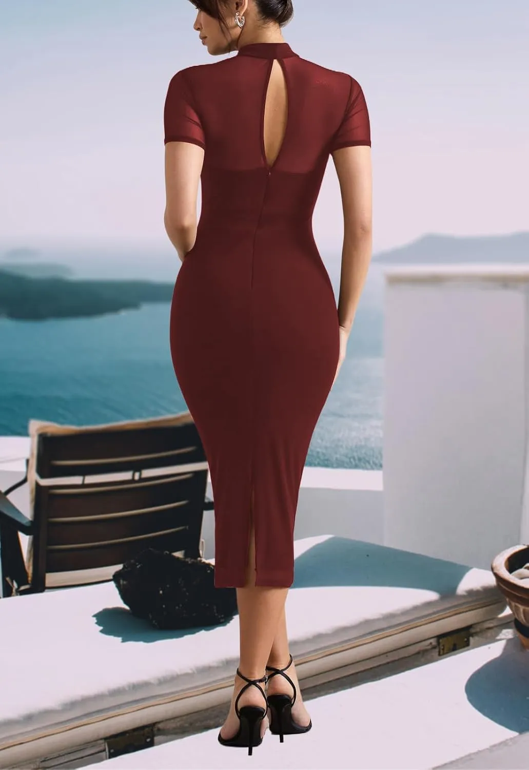 Women's Casual Mesh Short Sleeve Bodycon Mock Neck Keyhole Back Slim Club Party Midi Dresses