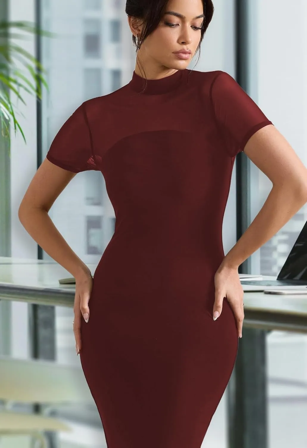 Women's Casual Mesh Short Sleeve Bodycon Mock Neck Keyhole Back Slim Club Party Midi Dresses