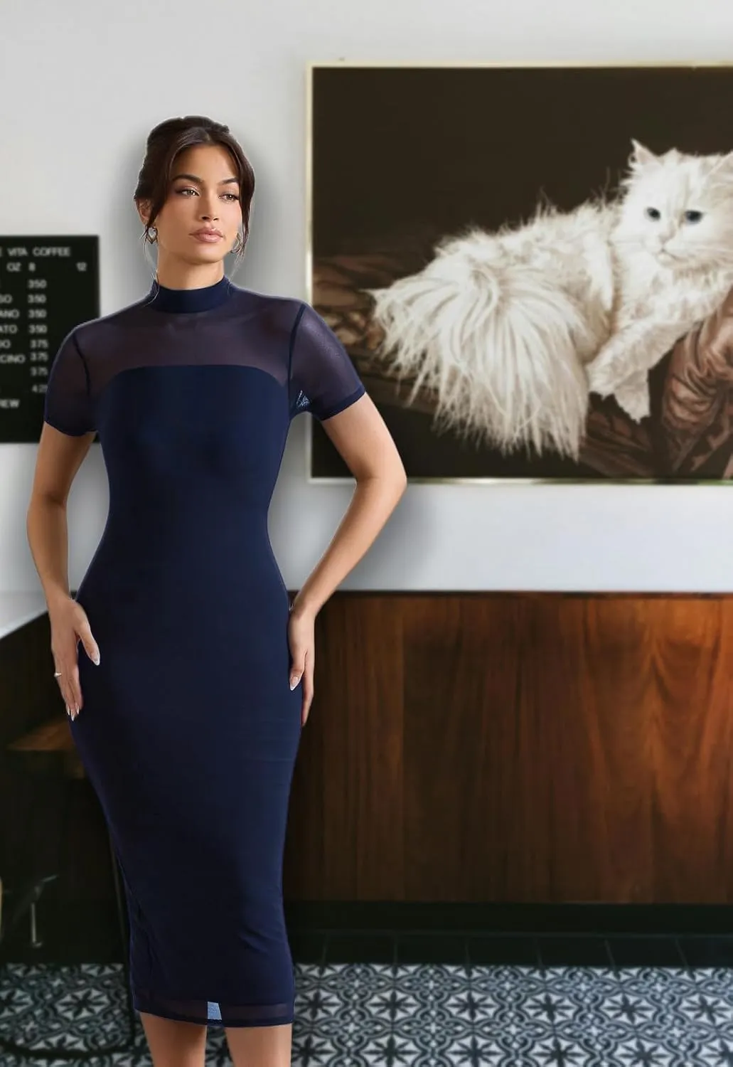 Women's Casual Mesh Short Sleeve Bodycon Mock Neck Keyhole Back Slim Club Party Midi Dresses