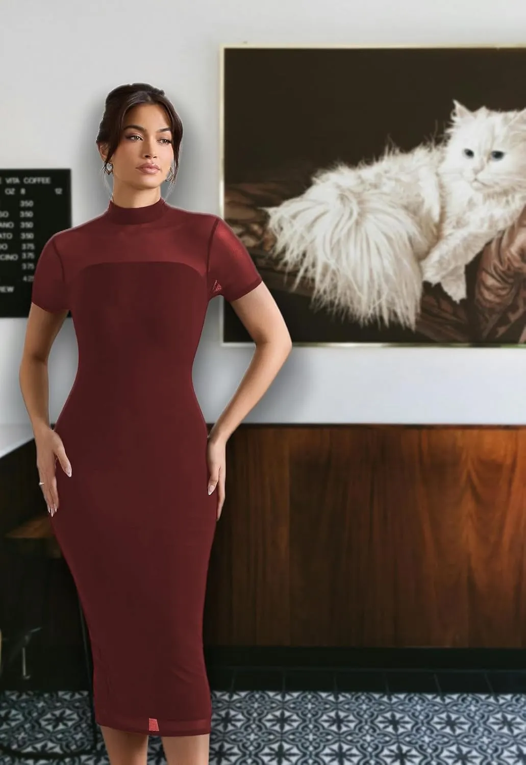 Women's Casual Mesh Short Sleeve Bodycon Mock Neck Keyhole Back Slim Club Party Midi Dresses