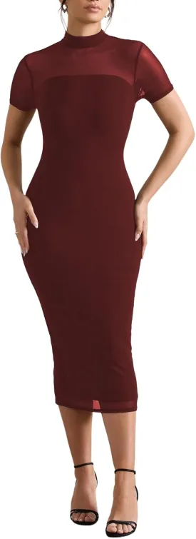 Women's Casual Mesh Short Sleeve Bodycon Mock Neck Keyhole Back Slim Club Party Midi Dresses