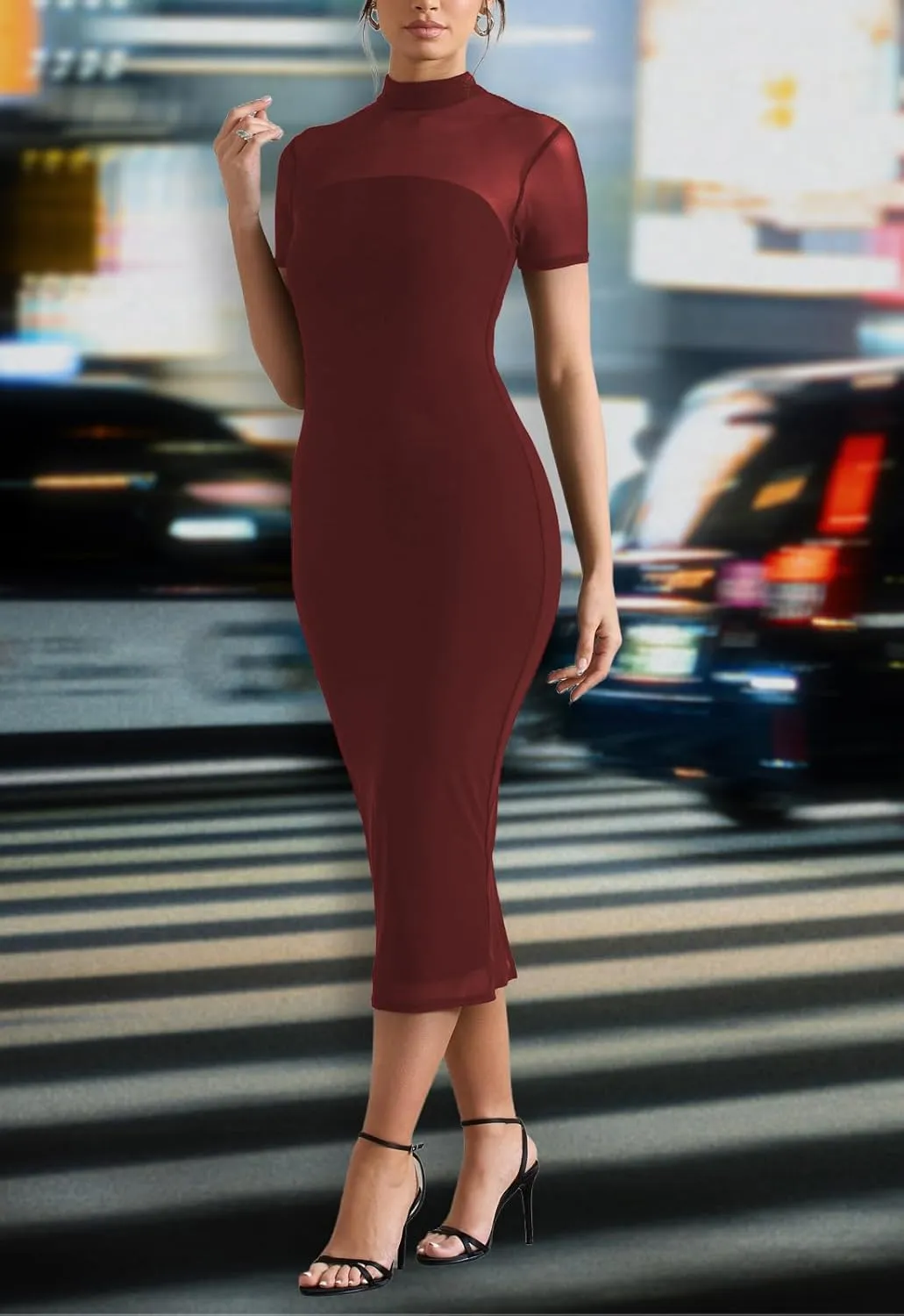 Women's Casual Mesh Short Sleeve Bodycon Mock Neck Keyhole Back Slim Club Party Midi Dresses