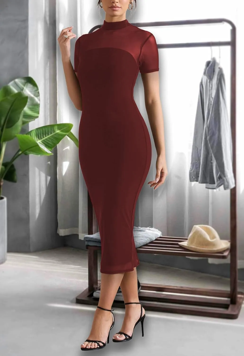Women's Casual Mesh Short Sleeve Bodycon Mock Neck Keyhole Back Slim Club Party Midi Dresses