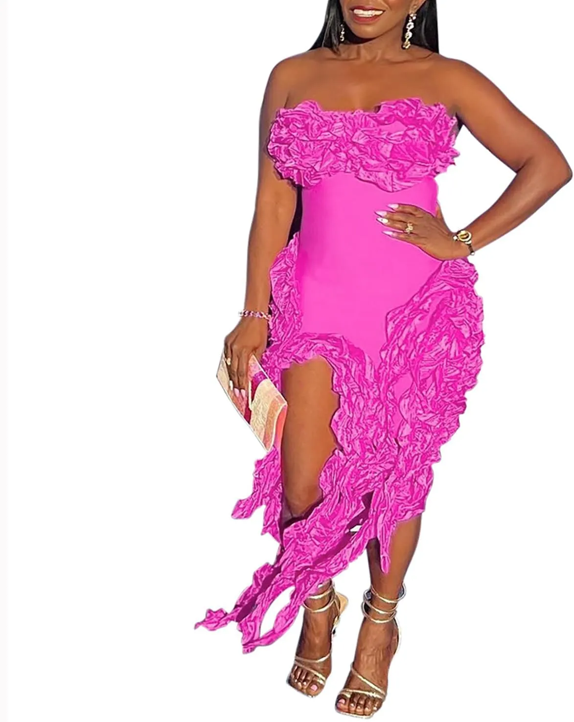 Women's Fringe Ruffle Strapless Tube Off Shoulder Bodycon Split Thigh Ruched Irregular Hem Midi Flowy Dress