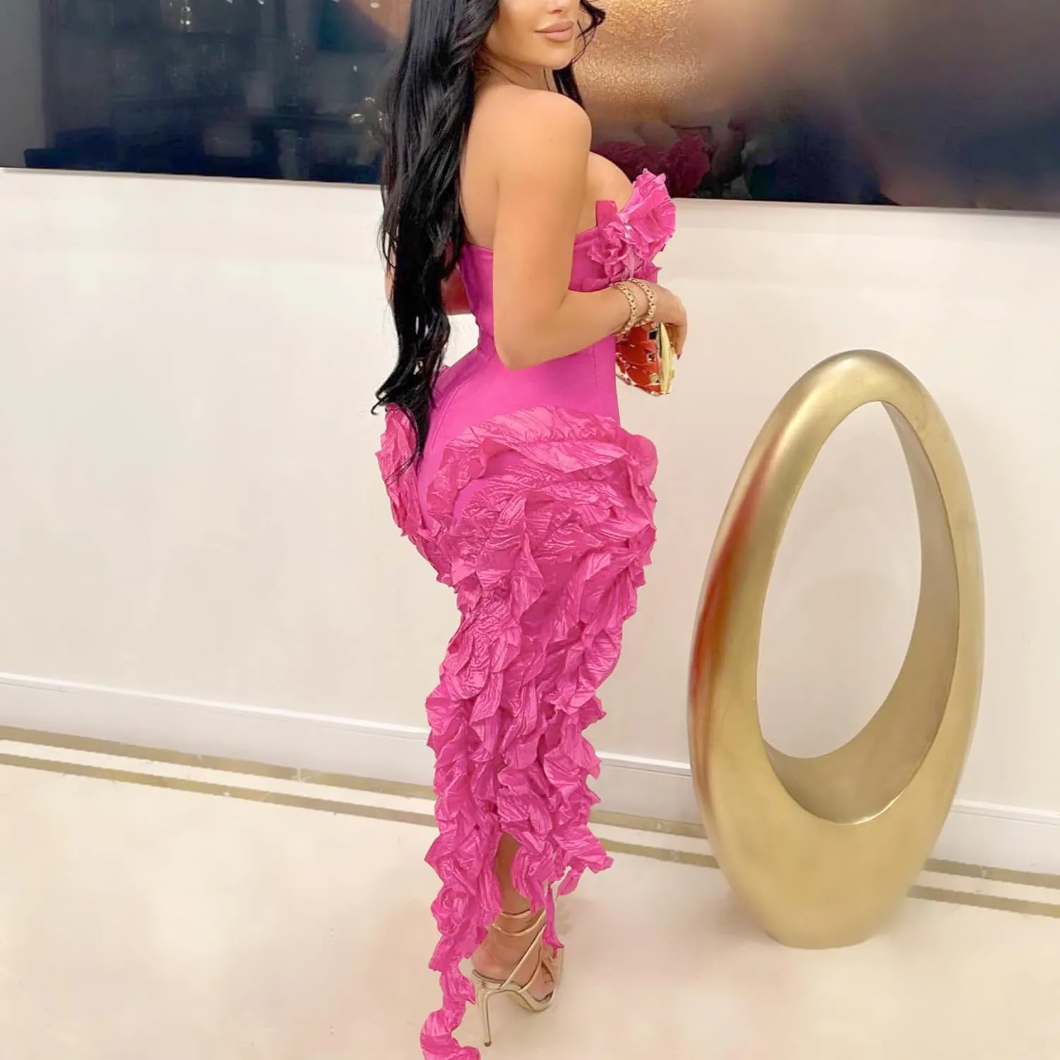 Women's Fringe Ruffle Strapless Tube Off Shoulder Bodycon Split Thigh Ruched Irregular Hem Midi Flowy Dress