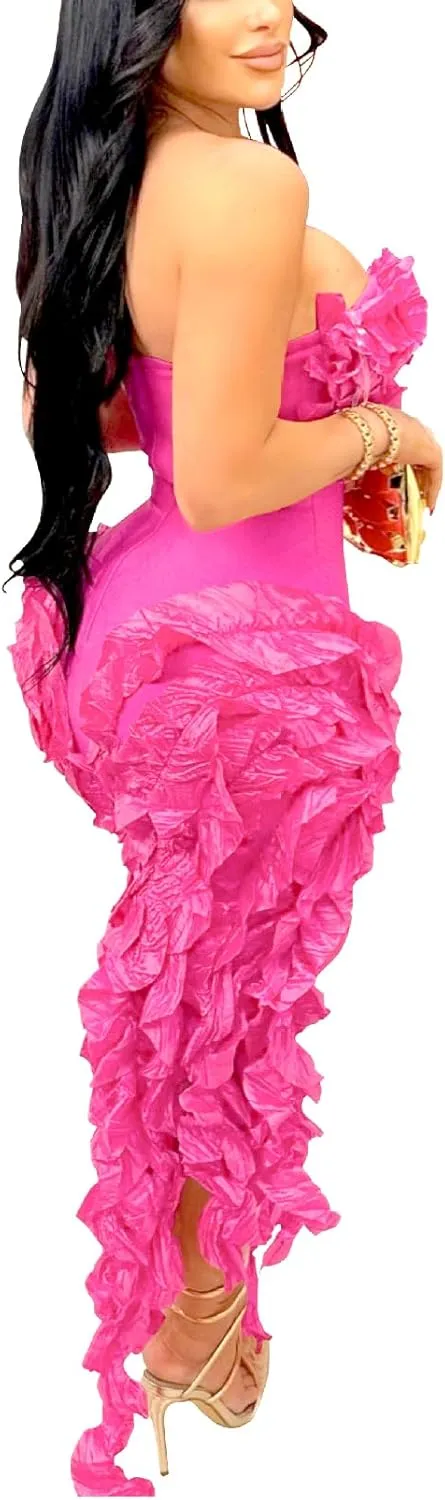 Women's Fringe Ruffle Strapless Tube Off Shoulder Bodycon Split Thigh Ruched Irregular Hem Midi Flowy Dress