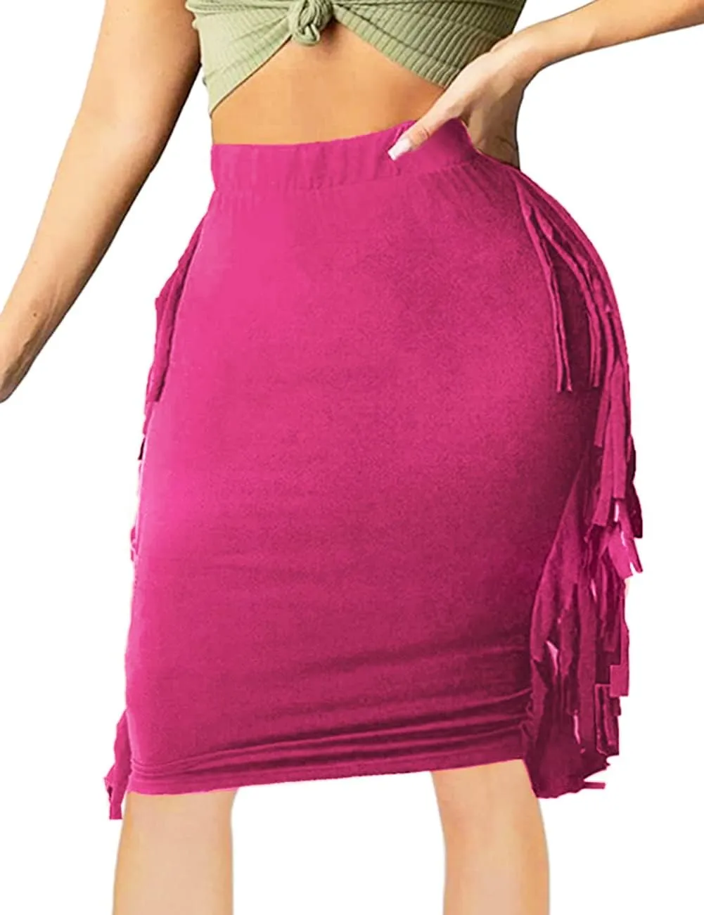 Women's High Waist Side Tassels Fringe Bodycon Pencil Midi Skirt
