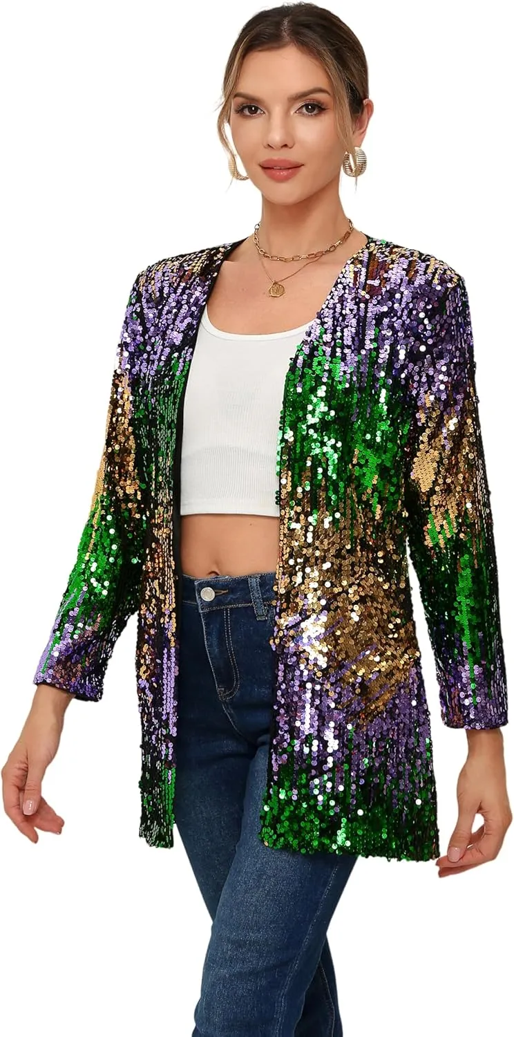 Women's Sequin Jacket Long Sleeve Open Front Blazer Glitter Sparkly Coat Party Casual Cardigan