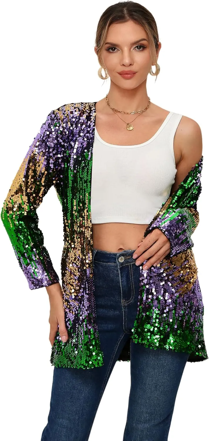 Women's Sequin Jacket Long Sleeve Open Front Blazer Glitter Sparkly Coat Party Casual Cardigan