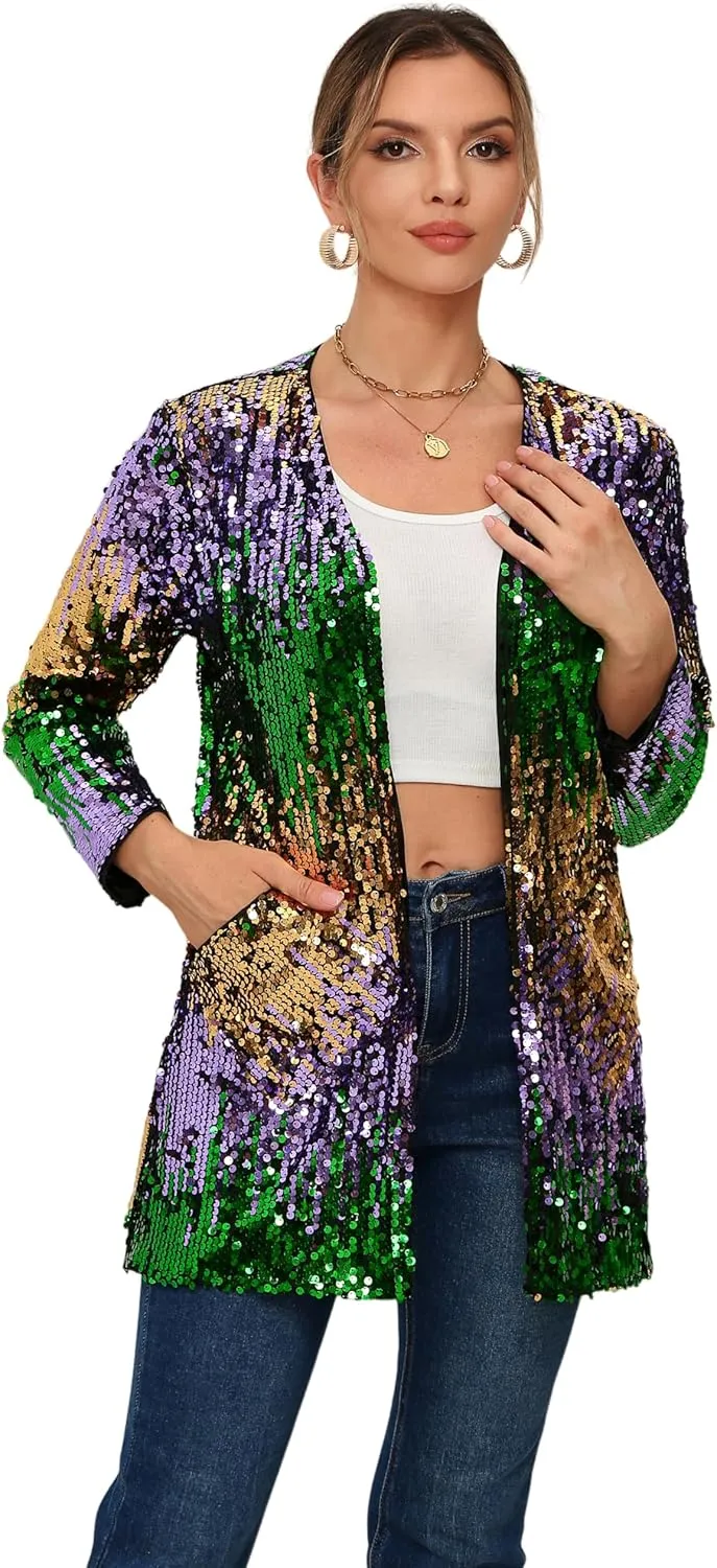 Women's Sequin Jacket Long Sleeve Open Front Blazer Glitter Sparkly Coat Party Casual Cardigan
