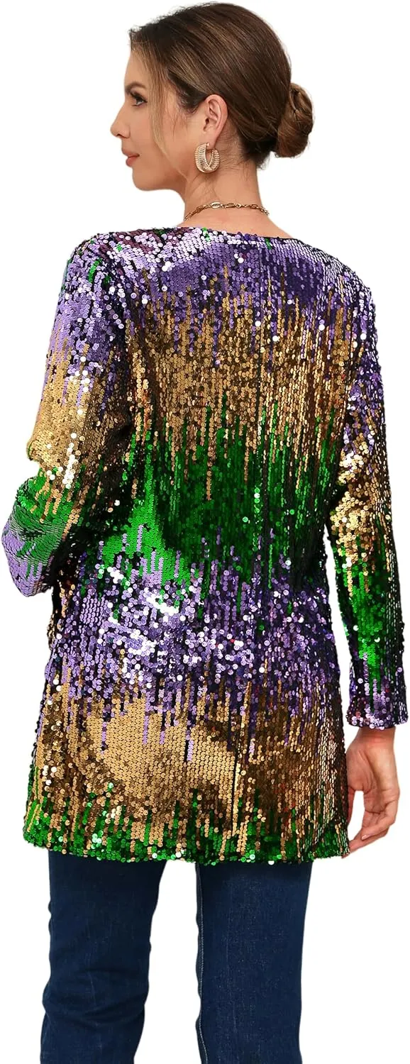 Women's Sequin Jacket Long Sleeve Open Front Blazer Glitter Sparkly Coat Party Casual Cardigan