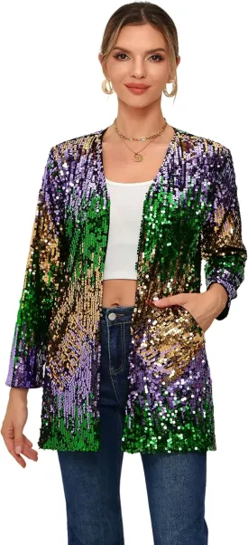 Women's Sequin Jacket Long Sleeve Open Front Blazer Glitter Sparkly Coat Party Casual Cardigan