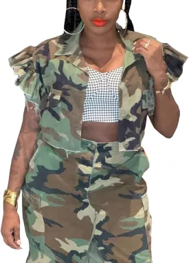 Womens Summer Cute Camo Button Down Cropped Jean Jacket Casual Lapel Outwear Denim Shirts Blouse Top