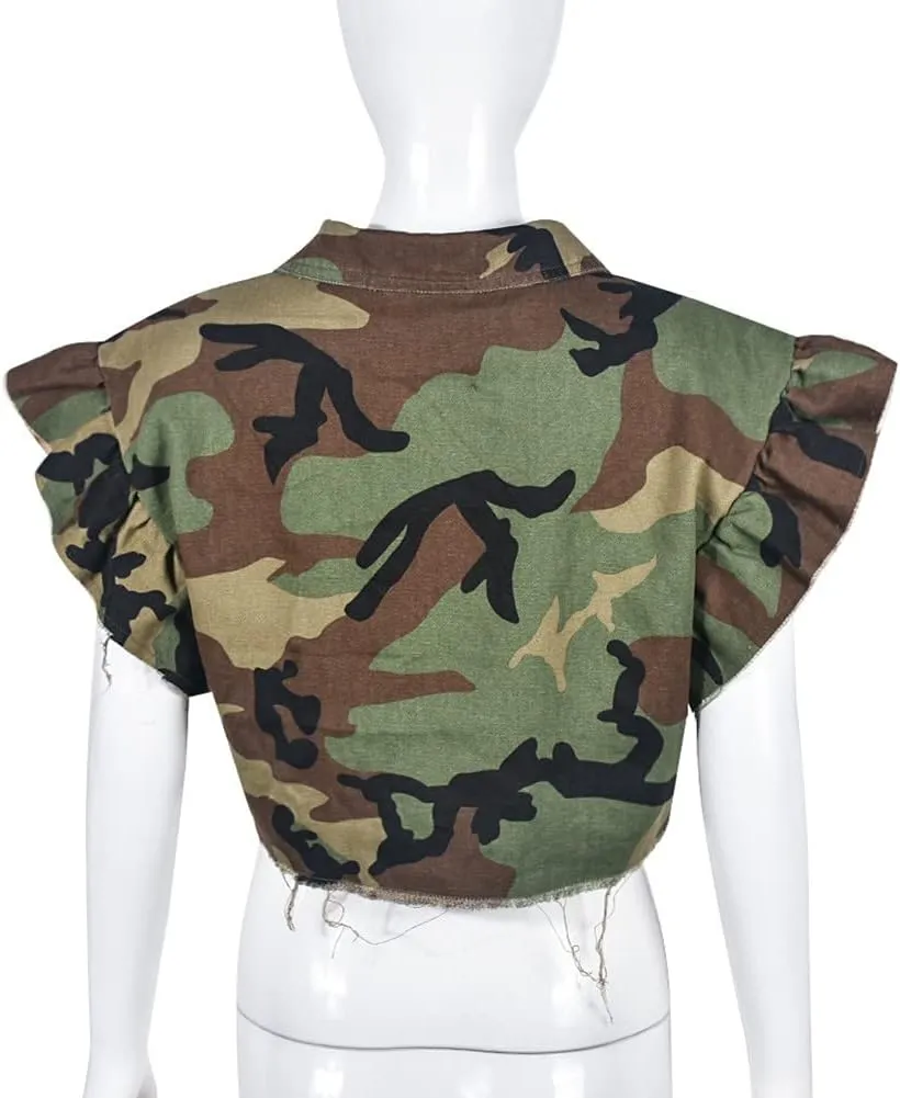 Womens Summer Cute Camo Button Down Cropped Jean Jacket Casual Lapel Outwear Denim Shirts Blouse Top