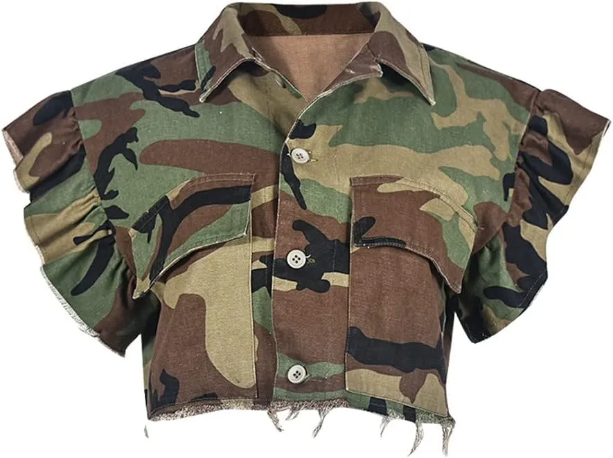 Womens Summer Cute Camo Button Down Cropped Jean Jacket Casual Lapel Outwear Denim Shirts Blouse Top