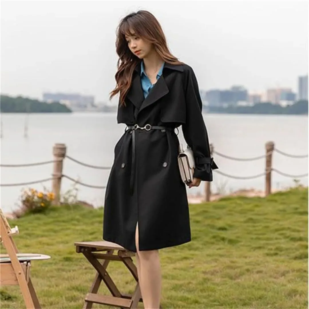 Women's Trench Coat Long Sleeve Double Breasted Lapel Solid Belted Midi Jacket Outerwear