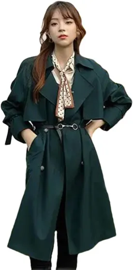 Women's Trench Coat Long Sleeve Double Breasted Lapel Solid Belted Midi Jacket Outerwear
