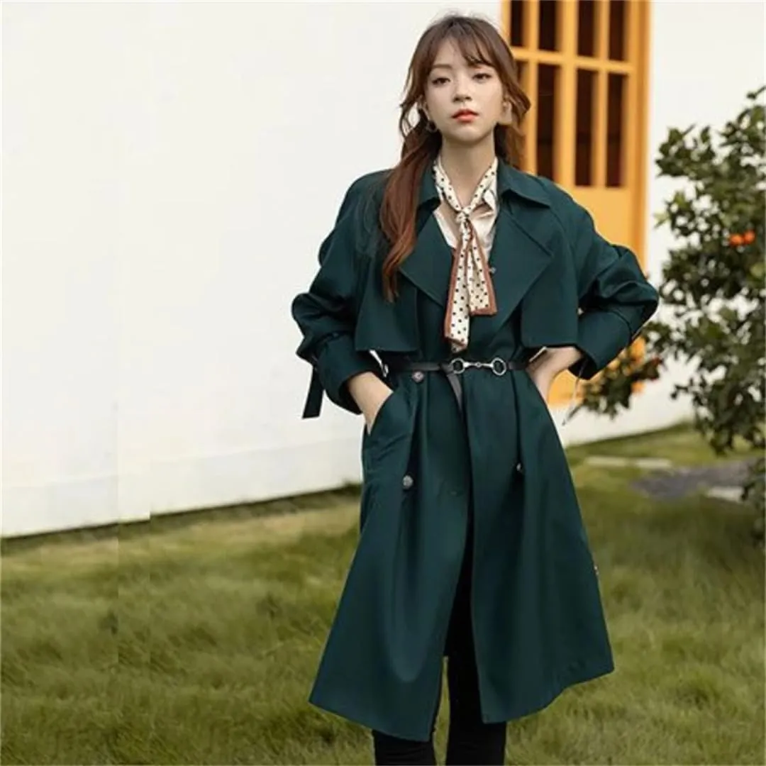 Women's Trench Coat Long Sleeve Double Breasted Lapel Solid Belted Midi Jacket Outerwear