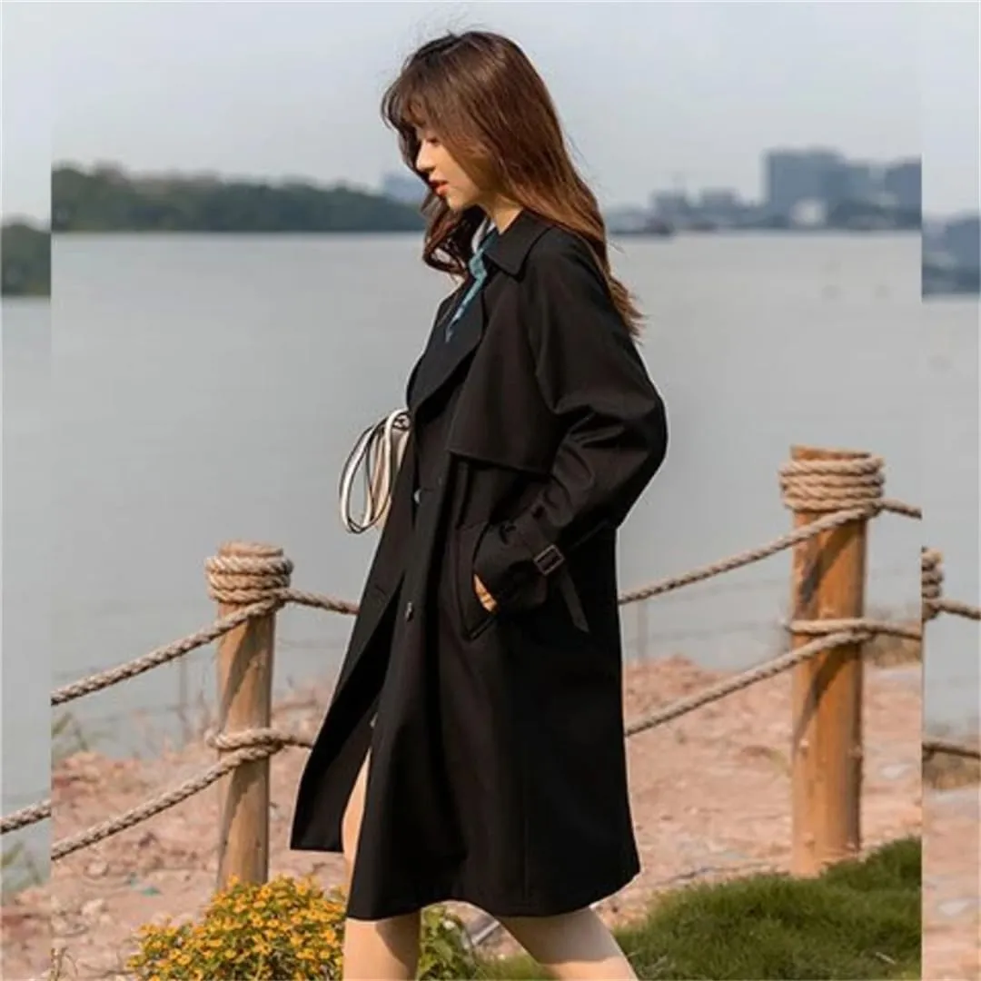 Women's Trench Coat Long Sleeve Double Breasted Lapel Solid Belted Midi Jacket Outerwear