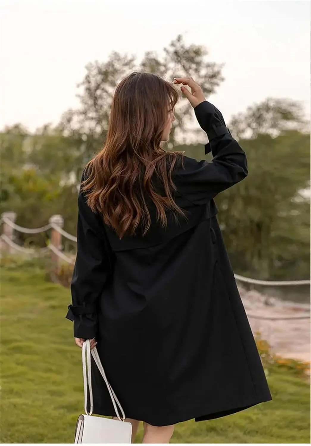 Women's Trench Coat Long Sleeve Double Breasted Lapel Solid Belted Midi Jacket Outerwear
