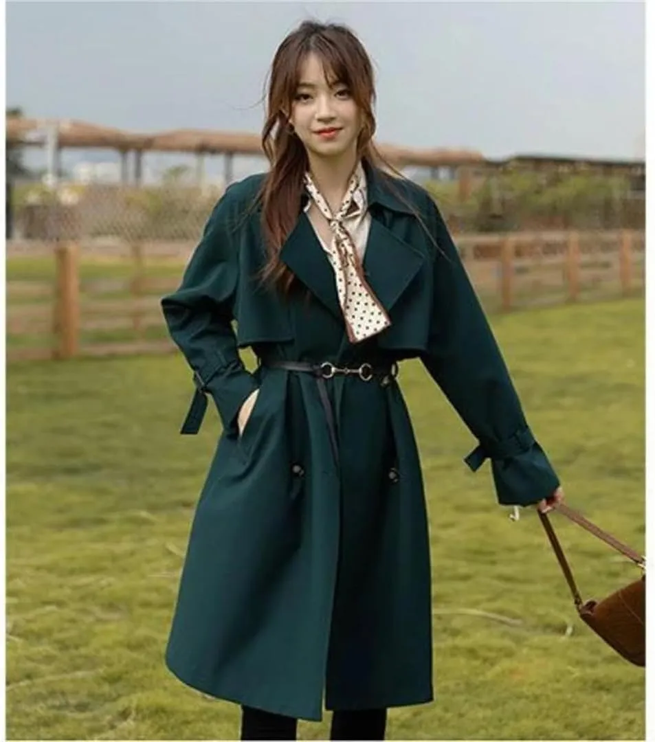 Women's Trench Coat Long Sleeve Double Breasted Lapel Solid Belted Midi Jacket Outerwear