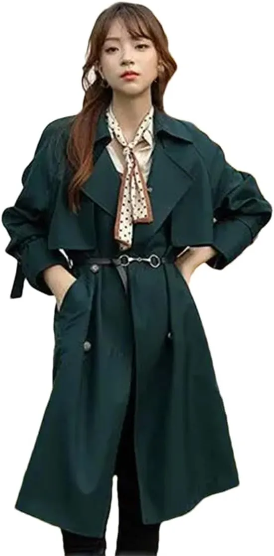 Women's Trench Coat Long Sleeve Double Breasted Lapel Solid Belted Midi Jacket Outerwear