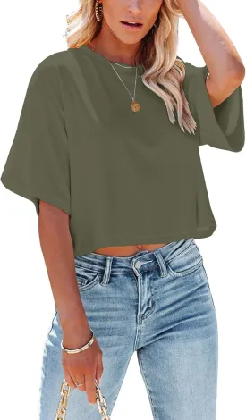 Yuccalley Women's Summer Crop Tops Short Sleeve Round Neck T-Shirt Basic Tees